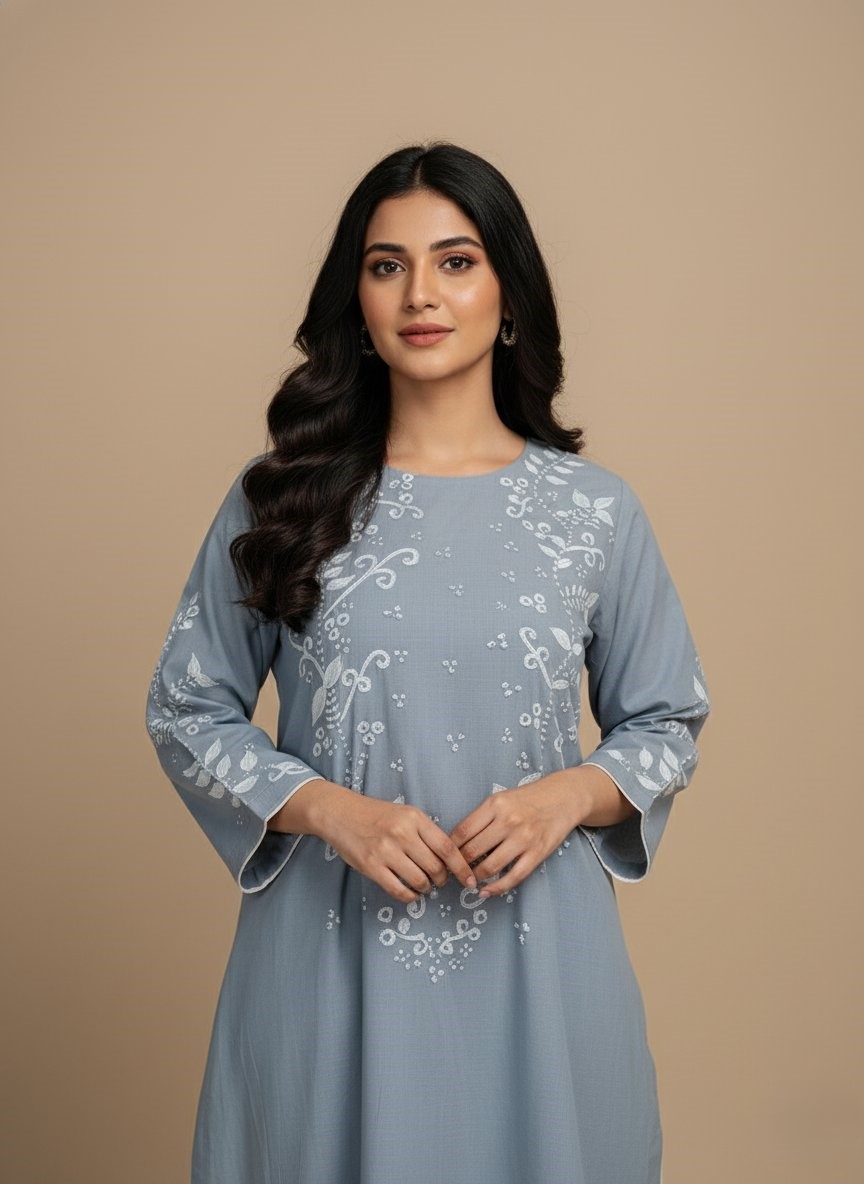 Handmade Painted Blue Kurta for Women - Embroidered 2-Piece Cotton Sweater - 1 Handmade painted blue cotton kurta for women with white embroidered floral design. 2-piece ethnic wear "sweater" with hand-stitched details.