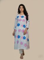 Handmade Painted Kurti with Blue and Pink Flowers - 2 Piece Stitched Suit for Women