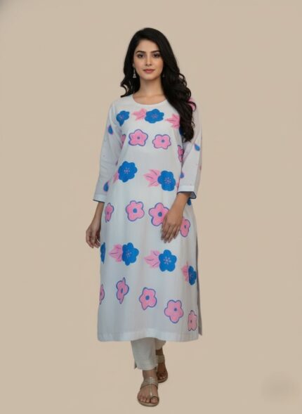 Handmade Painted Kurti with Blue and Pink Flowers - 2 Piece Stitched Suit for Women