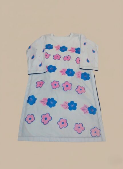 Handmade Painted Kurti with Blue and Pink Flowers - 2 Piece Stitched Suit for Women