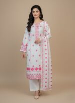 Handmade Painted Cotton Fabric with pink floral patterns and white sequins on a light background.