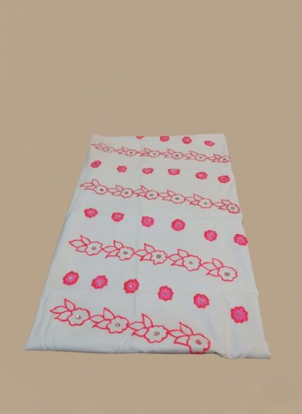 Handmade Painted Cotton Fabric with pink floral patterns and white sequins on a light background.