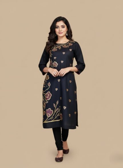 Handmade Painted Kurti, 2-Piece Stitched Ethnic Wear for Women with Floral and Heart Designs