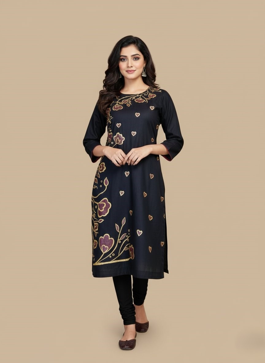 Handmade Painted Kurti for Women - 2-Piece Stitched Ethnic Wear - 1 Handmade Painted Kurti, 2-Piece Stitched Ethnic Wear for Women with Floral and Heart Designs