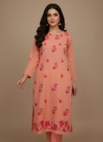 Handmade Painted Peach Cotton Kurta with pink and purple floral designs, 2-piece stitched women's ethnic wear.
