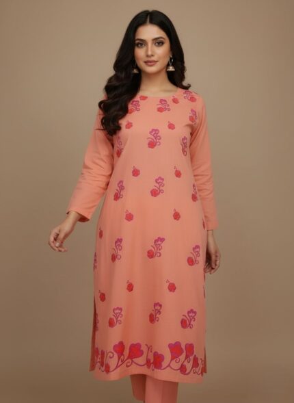 Handmade Painted Peach Cotton Kurta with pink and purple floral designs, 2-piece stitched women's ethnic wear.