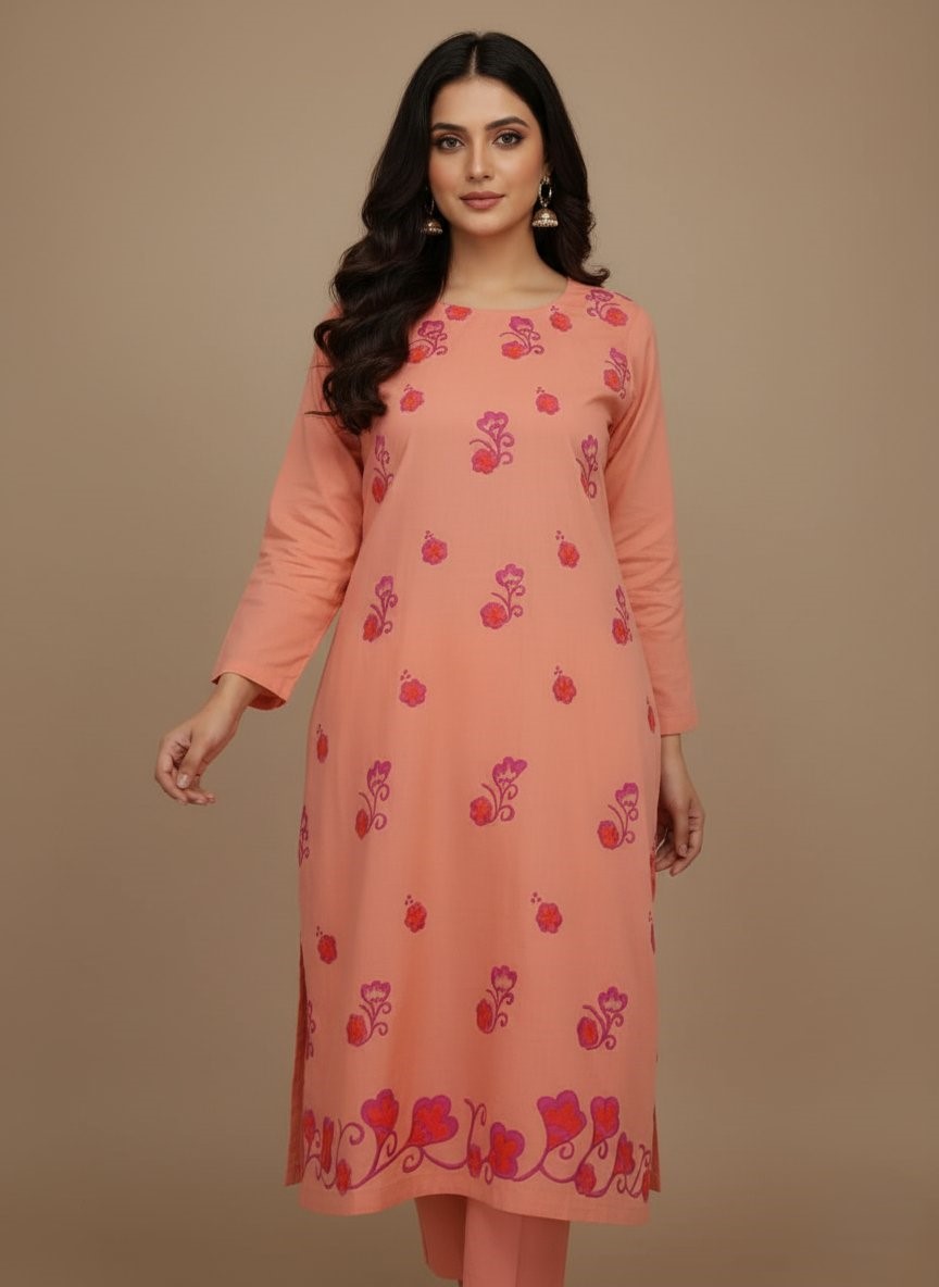 Handmade Painted Peach Cotton Kurta for Women - Floral Design Stitched 2-Piece - 1 Handmade Painted Peach Cotton Kurta with pink and purple floral designs, 2-piece stitched women's ethnic wear.