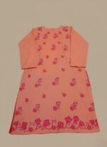 Handmade Painted Peach Cotton Kurta with pink and purple floral designs, 2-piece stitched women's ethnic wear.