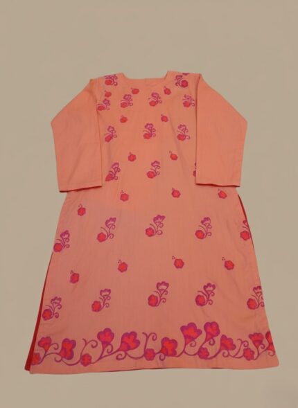 Handmade Painted Peach Cotton Kurta with pink and purple floral designs, 2-piece stitched women's ethnic wear.