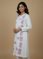 Handmade painted white cotton dress with pink and grey floral design and stitching