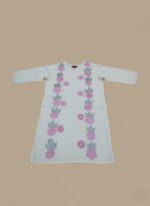 Handmade painted white cotton dress with pink and grey floral design and stitching
