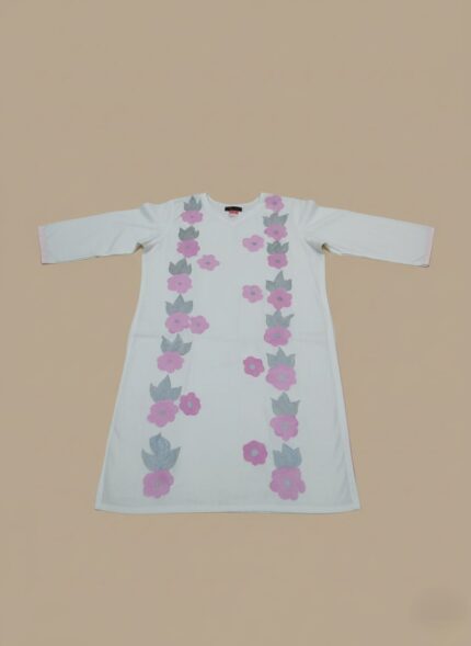 Handmade painted white cotton dress with pink and grey floral design and stitching