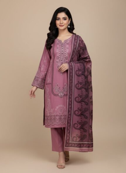 Marina 3 Piece Unstitched Suit with embroidery, ideal for winter women's fashion.