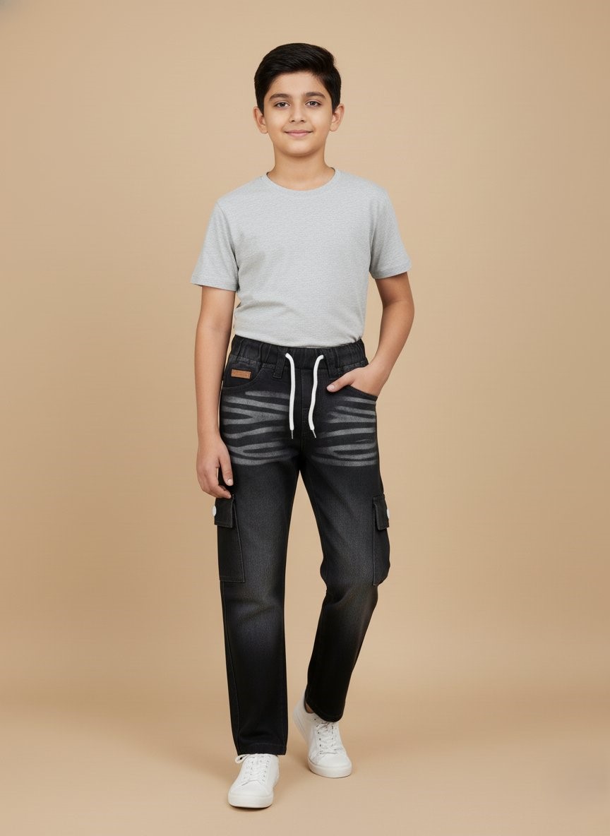 Kids Black Cargo Jeans with Drawstring Waist - 1 Kids black cargo jeans with white drawstring waist and wide legs, featuring a washed black denim look and two side cargo pockets, displayed on a neutral background.