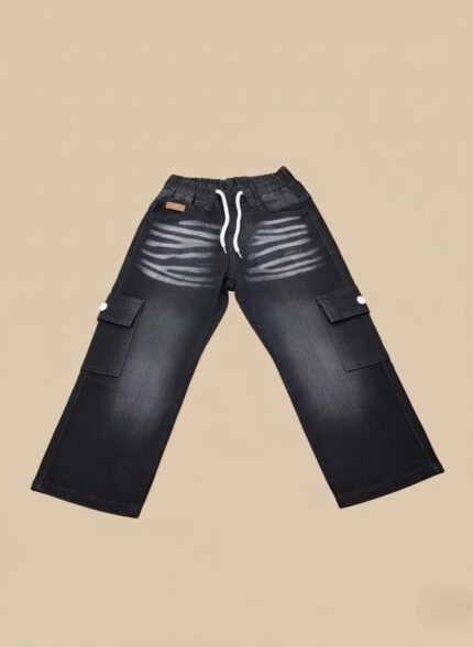 Kids black cargo jeans with white drawstring waist and wide legs, featuring a washed black denim look and two side cargo pockets, displayed on a neutral background.