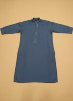 Kids blue kurta with embroidered collar and placket for boys.