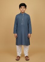 Kids blue kurta with embroidered collar and placket for boys.