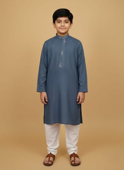 Kids blue kurta with embroidered collar and placket for boys.