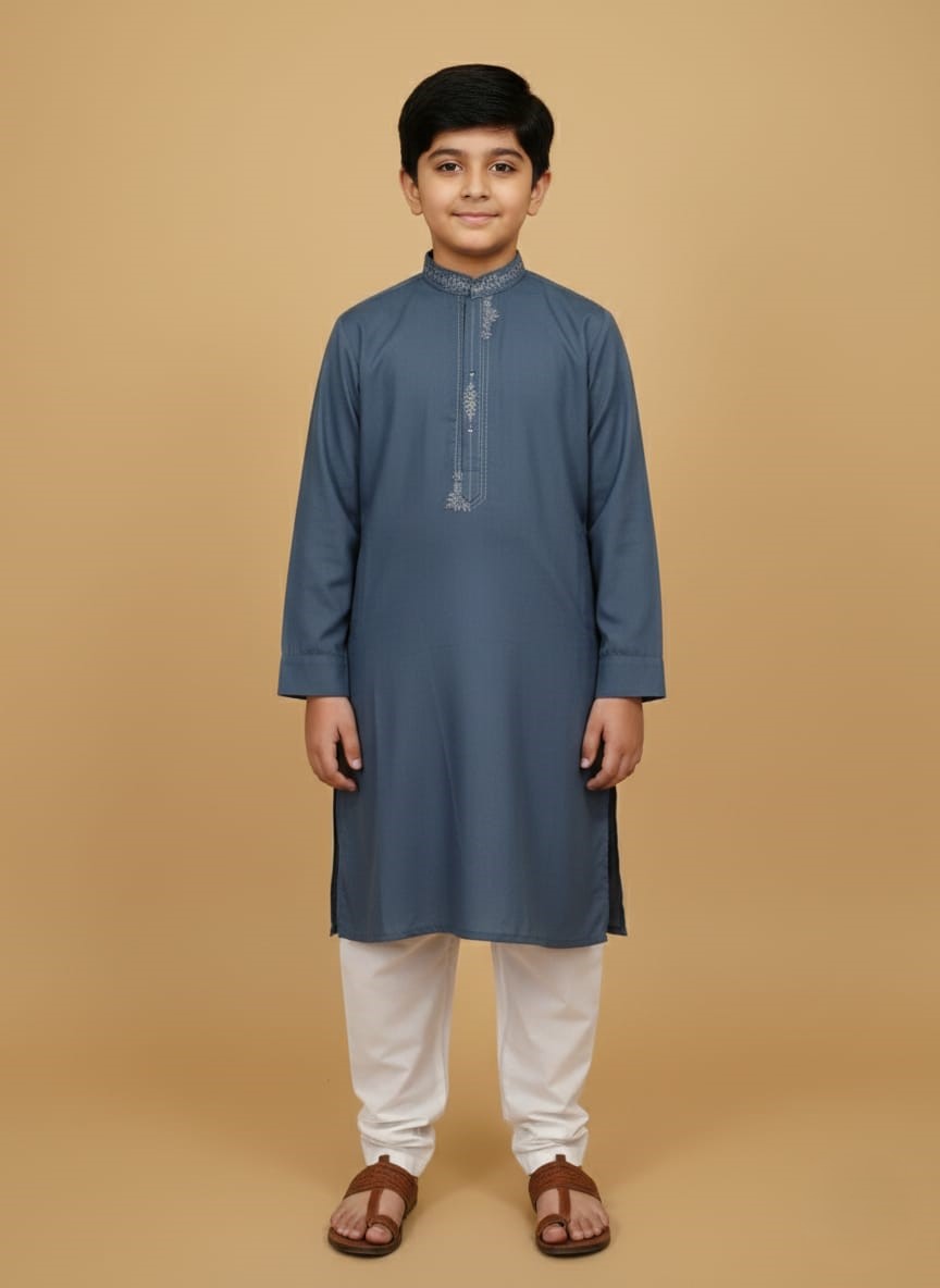 Kids Blue Kurta Kids blue kurta with embroidered collar and placket for boys.