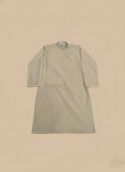 Kids cream kurta with mandarin collar and button placket for boys.