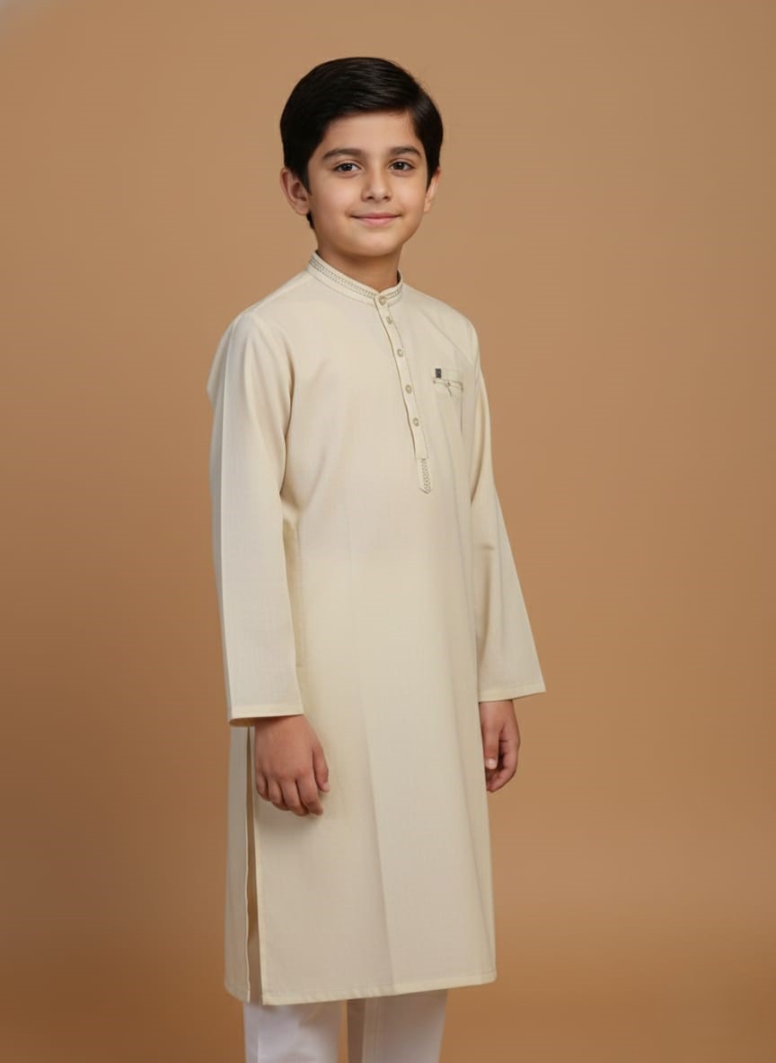 Kids Cream Kurta Kids cream kurta with mandarin collar and button placket for boys.