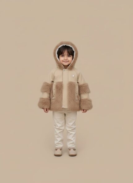 Front view of a young child wearing a beige Kids Faux Fur Trim Jacket with a hood, featuring fluffy brown faux fur on the sleeves, front pockets, and hood lining, against a plain background.