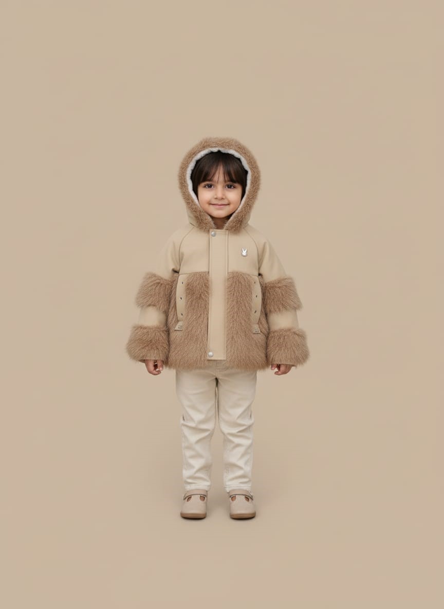 Kids Faux Fur Trim Jacket Front view of a young child wearing a beige Kids Faux Fur Trim Jacket with a hood, featuring fluffy brown faux fur on the sleeves, front pockets, and hood lining, against a plain background.