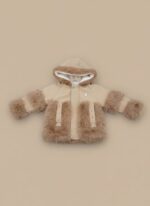 Front view of a young child wearing a beige Kids Faux Fur Trim Jacket with a hood, featuring fluffy brown faux fur on the sleeves, front pockets, and hood lining, against a plain background.