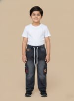 Kids pinstripe cargo jeans, dark denim with white pinstripes, white drawstring, and cargo pockets with "DS" and "KI" letters.
