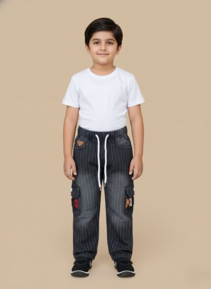 Kids pinstripe cargo jeans, dark denim with white pinstripes, white drawstring, and cargo pockets with "DS" and "KI" letters.