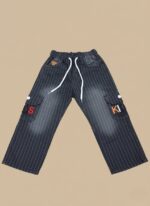 Kids pinstripe cargo jeans, dark denim with white pinstripes, white drawstring, and cargo pockets with "DS" and "KI" letters.