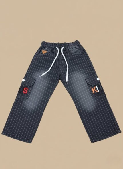 Kids pinstripe cargo jeans, dark denim with white pinstripes, white drawstring, and cargo pockets with "DS" and "KI" letters.