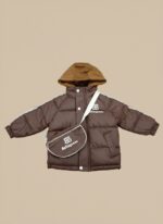 Front view of a young child wearing a brown Baliagaenc Kids' Puffer Jacket with white sleeve stripes, a "BB" logo, a brown hood, and a matching Baliagaenc crossbody bag.