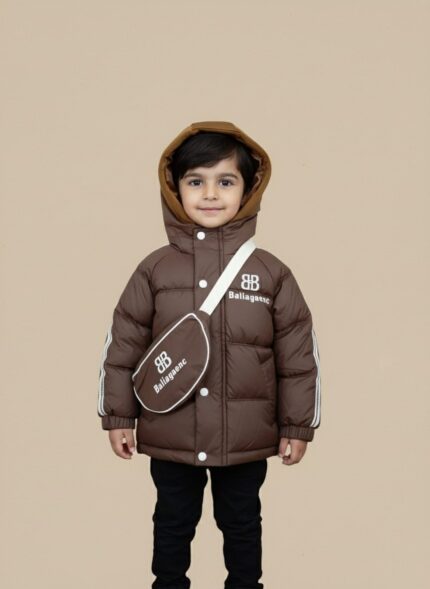 Front view of a young child wearing a brown Baliagaenc Kids' Puffer Jacket with white sleeve stripes, a "BB" logo, a brown hood, and a matching Baliagaenc crossbody bag.