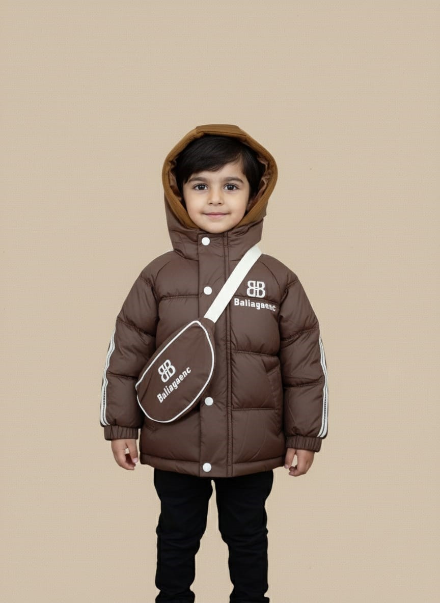 Kids' Puffer Jacket Baliagaenc Brown Hooded Winter Coat Front view of a young child wearing a brown Baliagaenc Kids' Puffer Jacket with white sleeve stripes, a "BB" logo, a brown hood, and a matching Baliagaenc crossbody bag.
