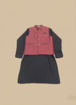 Kids waistcoat kurta set in black with a maroon waistcoat for boys.
