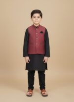 Kids waistcoat kurta set in black with a maroon waistcoat for boys.