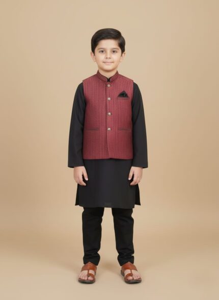Kids waistcoat kurta set in black with a maroon waistcoat for boys.