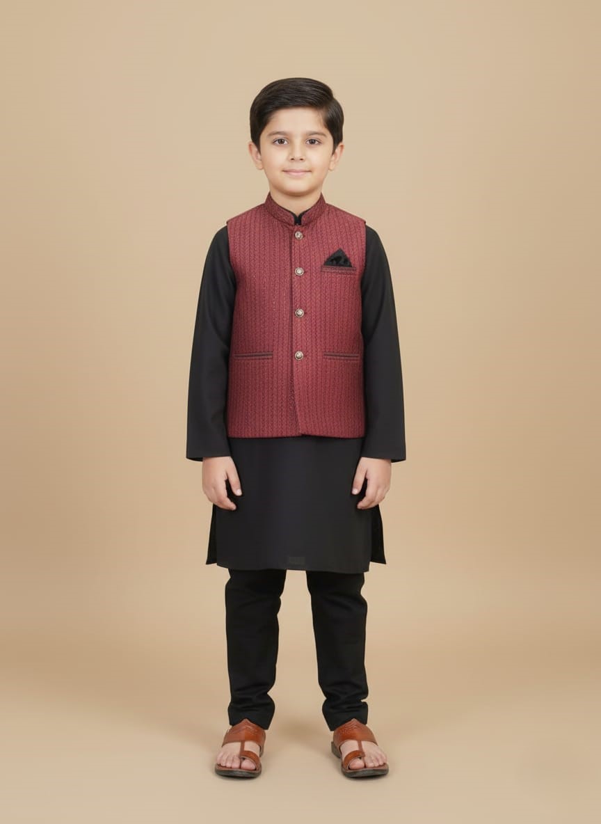 Kids Waistcoat Kurta Set Kids waistcoat kurta set in black with a maroon waistcoat for boys.