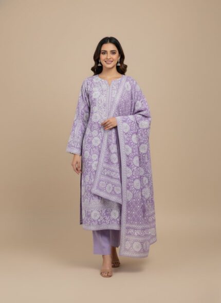 Lavender Khaddar 3 piece suit stitched fabric set, including shirt, dupatta, and trousers, with white block print pattern on a light purple background.
