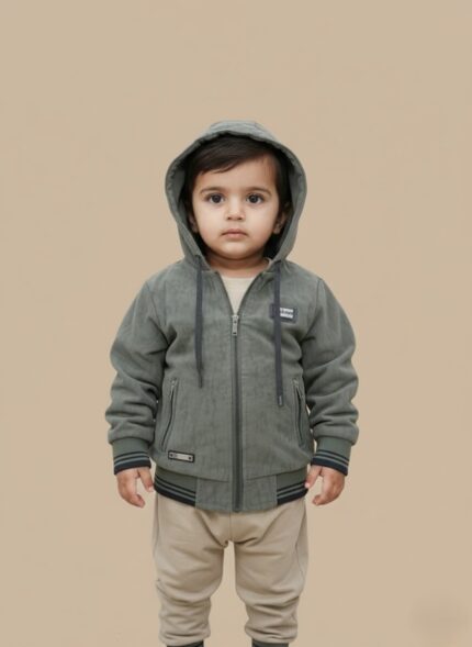 Close-up of a smiling Pakistani toddler wearing an olive green zip-up hooded jacket on a light brown background. Kids casual wear.