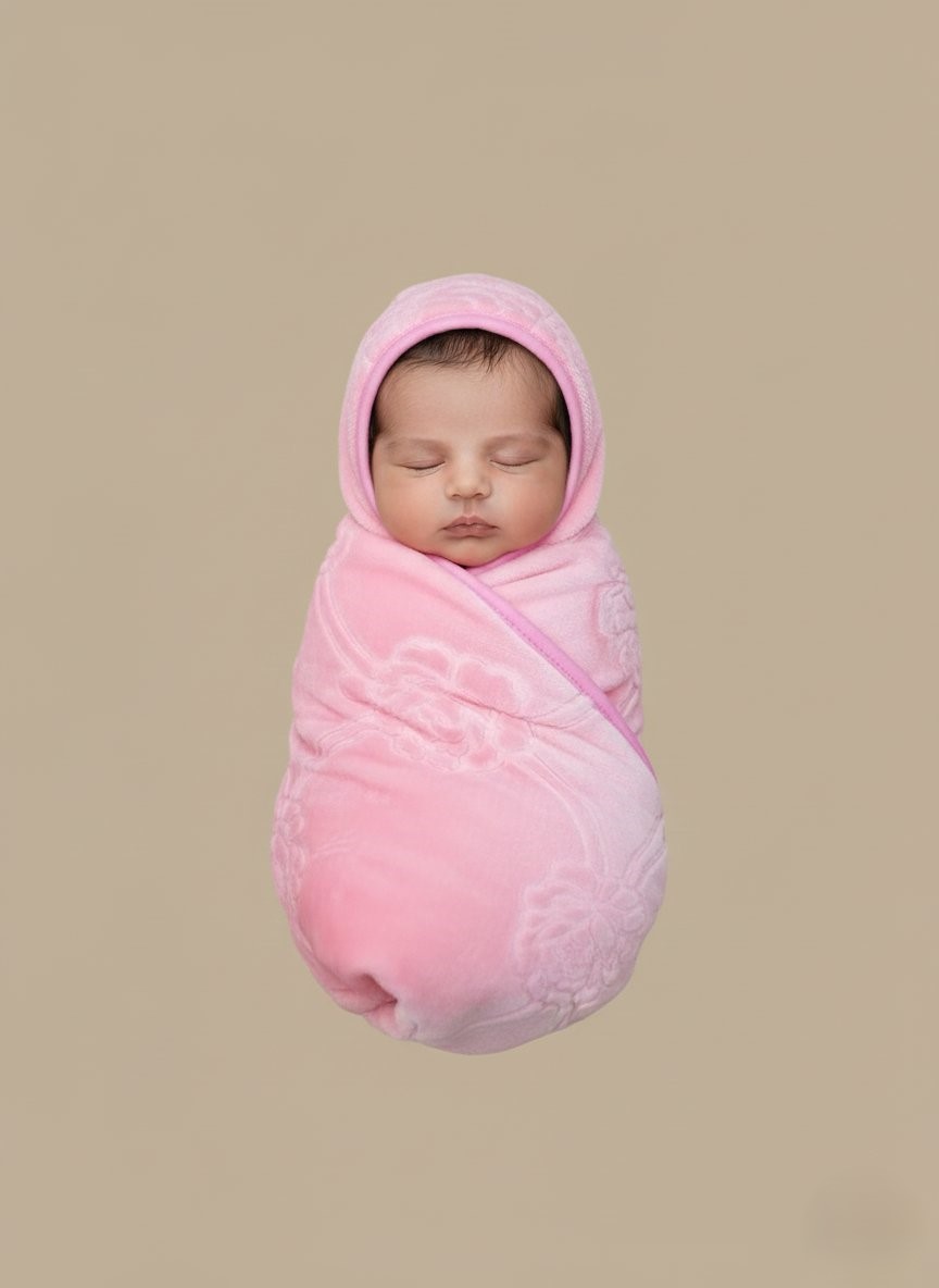 Luxurious Pink Baby Blanket with Hood - Ultra-Soft & Warm - 1 Pink baby blanket with hood, ultra-soft coral fleece with embossed rose pattern and pink trim, folded neatly on a neutral background, for baby girls.