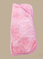 Pink baby blanket with hood, ultra-soft coral fleece with embossed rose pattern and pink trim, folded neatly on a neutral background, for baby girls.