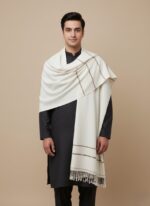 Folded white men's shawl with fringes and subtle stripe detail