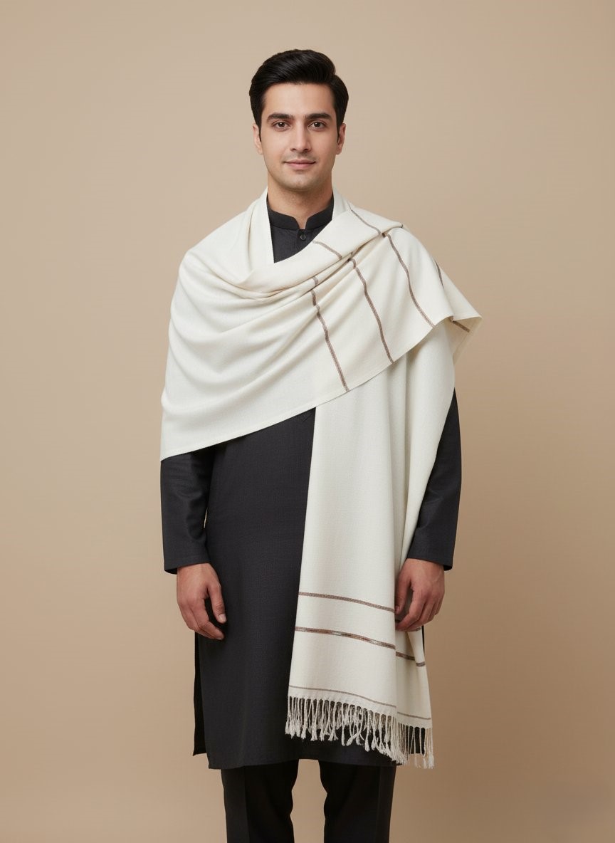 Luxurious White Men's Shawl with Fringes - 1 Folded white men's shawl with fringes and subtle stripe detail
