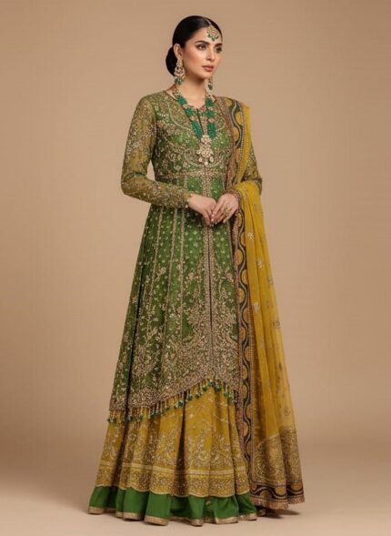 Unstitched 3-piece Pakistani Wedding Dress ensemble. Olive green organza fabric with heavy silver and gold hand-embellished embroidery and a sequined yellow organza dupatta.