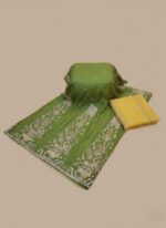 Unstitched 3-piece Pakistani Wedding Dress ensemble. Olive green organza fabric with heavy silver and gold hand-embellished embroidery and a sequined yellow organza dupatta.