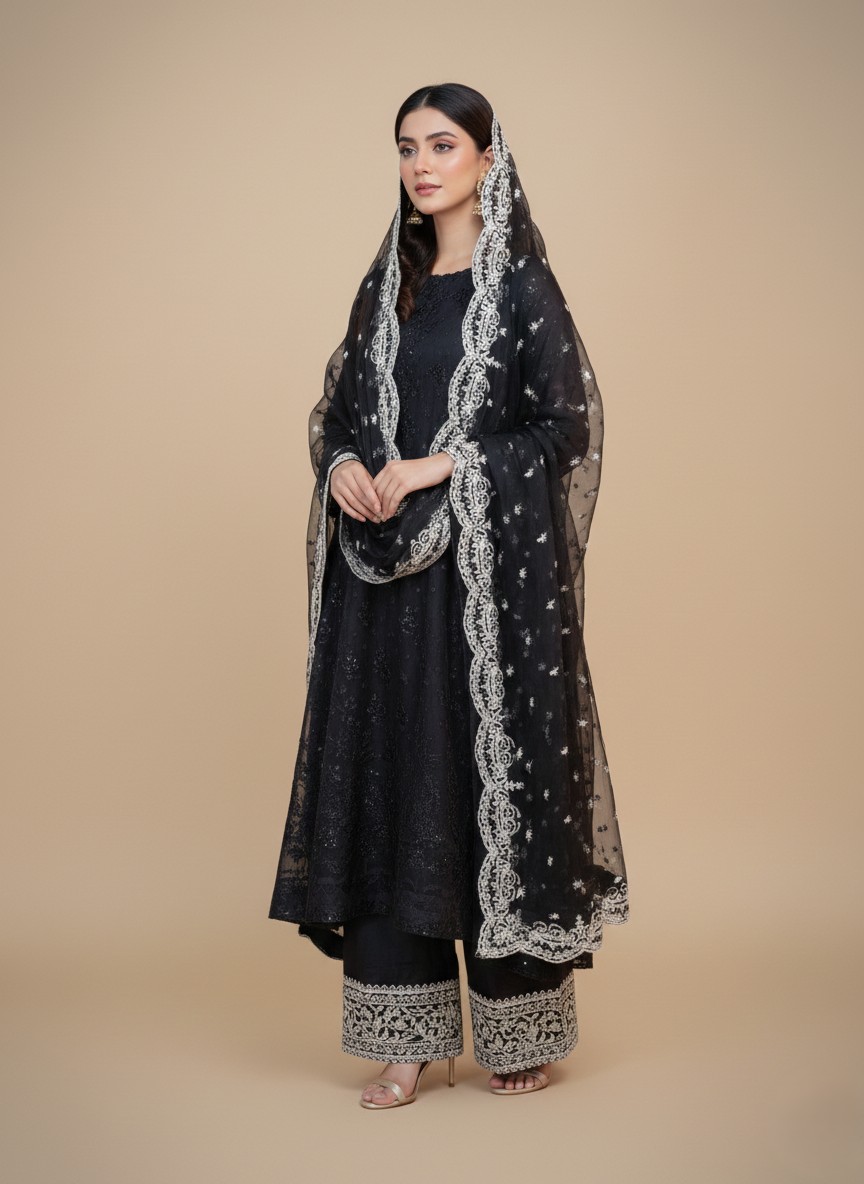 Luxury Black Embroidered Organza Suit with Raw Silk Trouser & Dupatta Pallu 3 PC Unstitched - 1 Flat lay of unstitched Black Embroidered Organza Suit fabric, showing the heavily embroidered organza shirt material and the separate, elegantly bordered organza dupatta fabric.