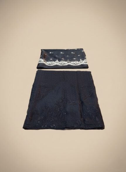 Flat lay of unstitched Black Embroidered Organza Suit fabric, showing the heavily embroidered organza shirt material and the separate, elegantly bordered organza dupatta fabric.