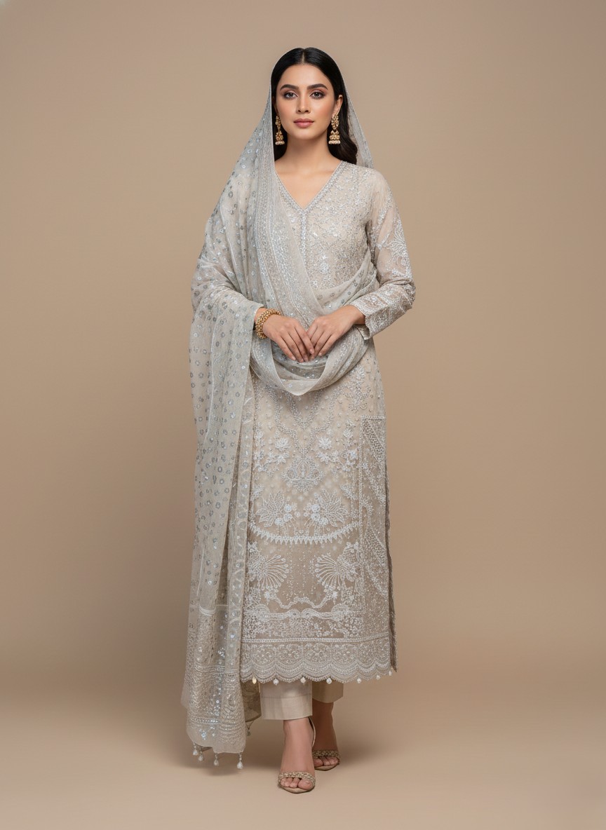 Luxury Embroidered Chiffon Dress with Stone Work Dupatta - 1 Flat lay of an ivory/light beige Embroidered Chiffon Dress material. Includes a heavily embroidered and embellished chiffon shirt piece, a stone work dupatta, dyed printed rawsilk trouser, and raw silk inner fabric pieces. Ideal for formal Pakistani/Indian attire.